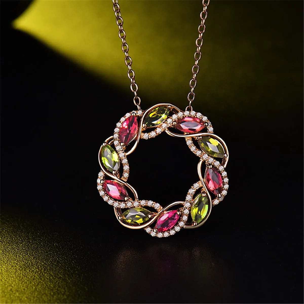 Cubic Zirconia & 18K Rose Gold-Plated Floral Circle Pendant Necklace