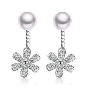 Cubic Zirconia & Pearl Silver-Plated Flower Drop Earrings