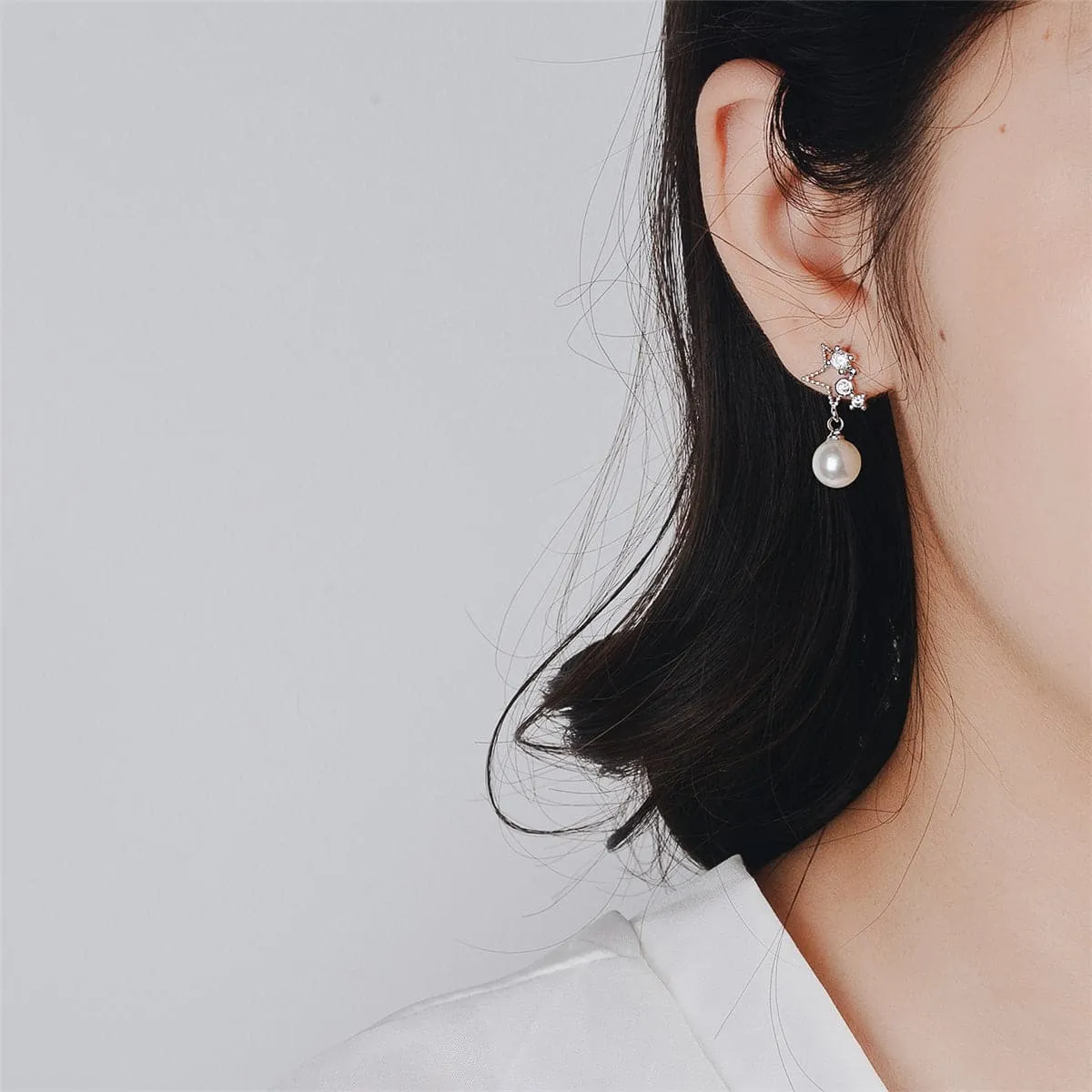 Cubic Zirconia & Pearl Silver-Plated Star Drop Earrings
