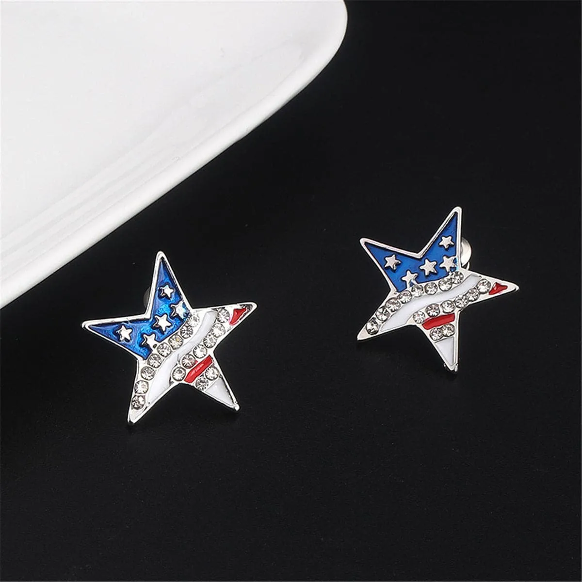Cubic Zirconia & Silver-Plated American Flag Star Stud Earrings