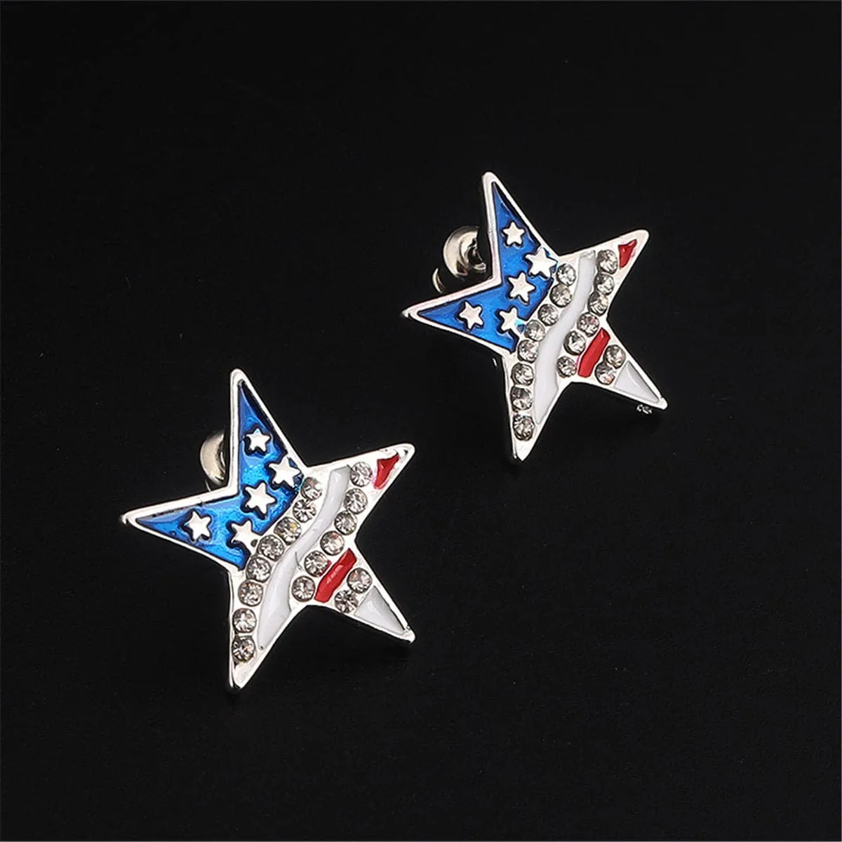 Cubic Zirconia & Silver-Plated American Flag Star Stud Earrings