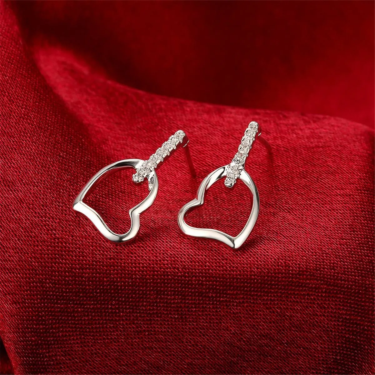 Cubic Zirconia & Silver-Plated Hollow Heart Drop Earrings