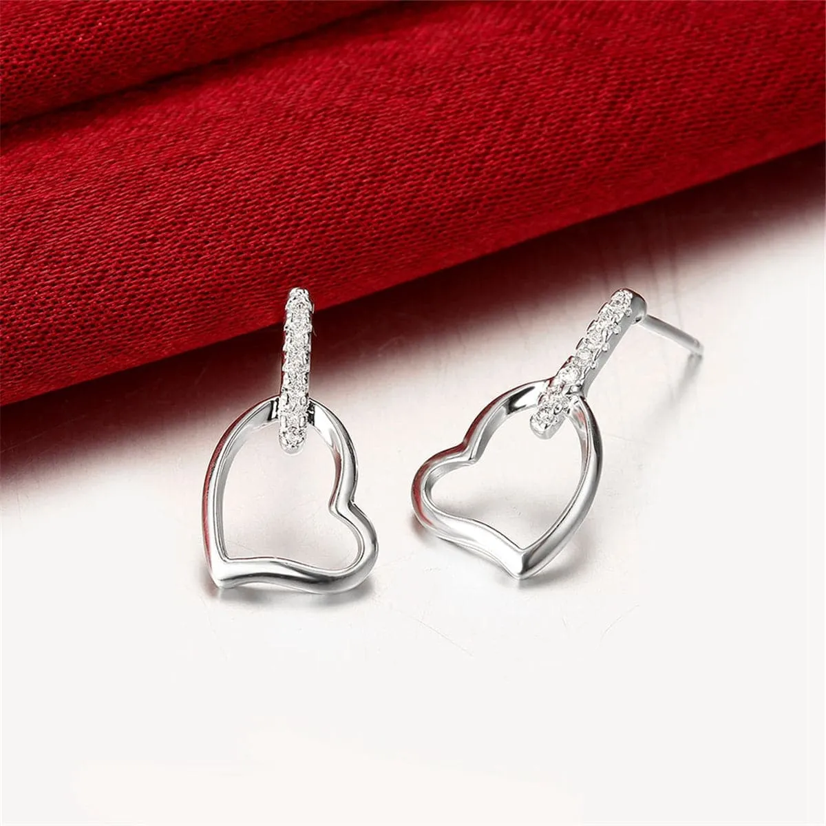 Cubic Zirconia & Silver-Plated Hollow Heart Drop Earrings