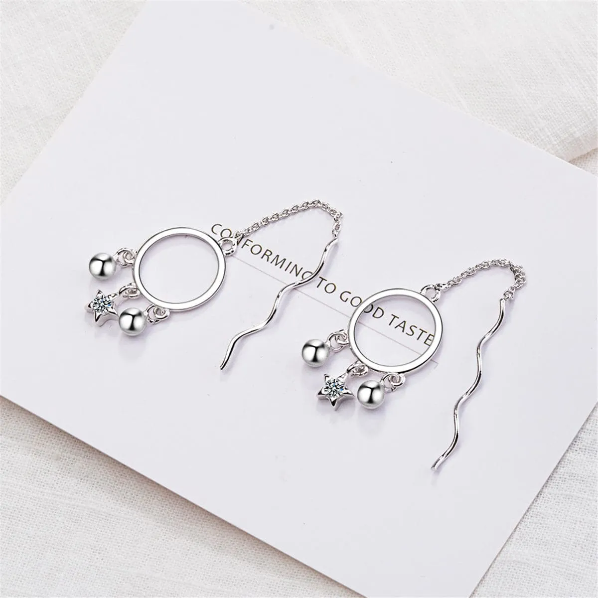 Cubic Zirconia & Silver-Plated Star & Ball Threader Earrings