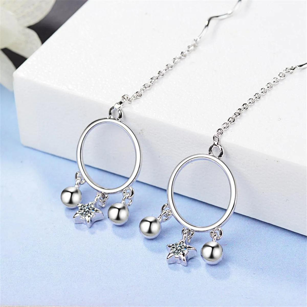 Cubic Zirconia & Silver-Plated Star & Ball Threader Earrings