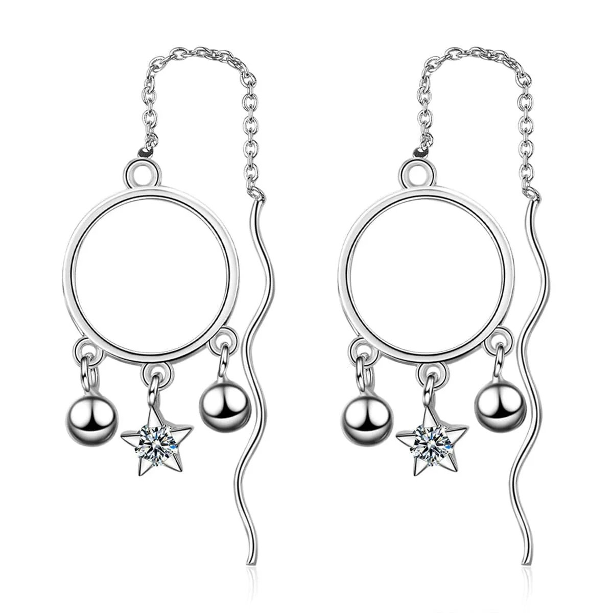 Cubic Zirconia & Silver-Plated Star & Ball Threader Earrings