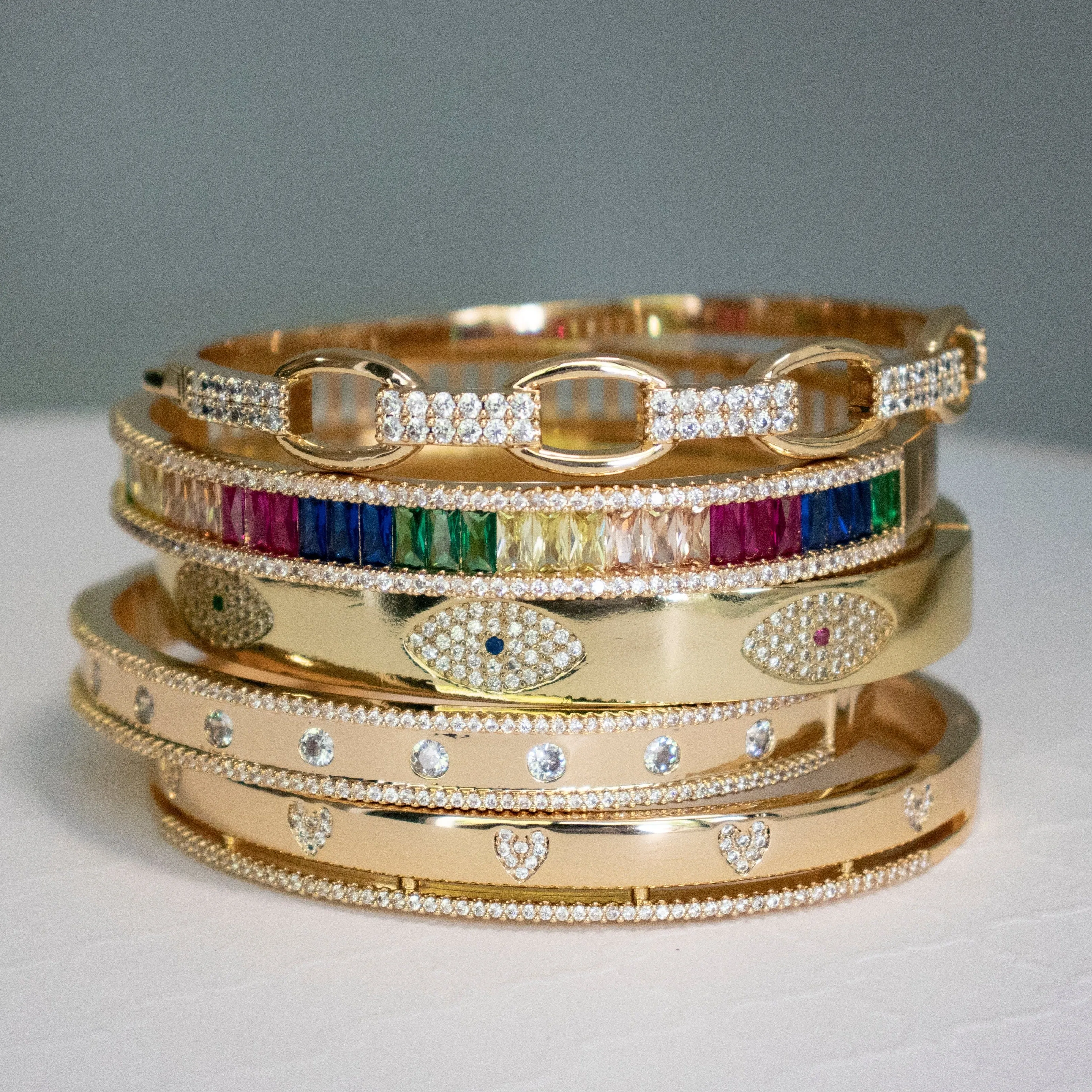 CZ Evil Eye Bangle Bracelet - Gold