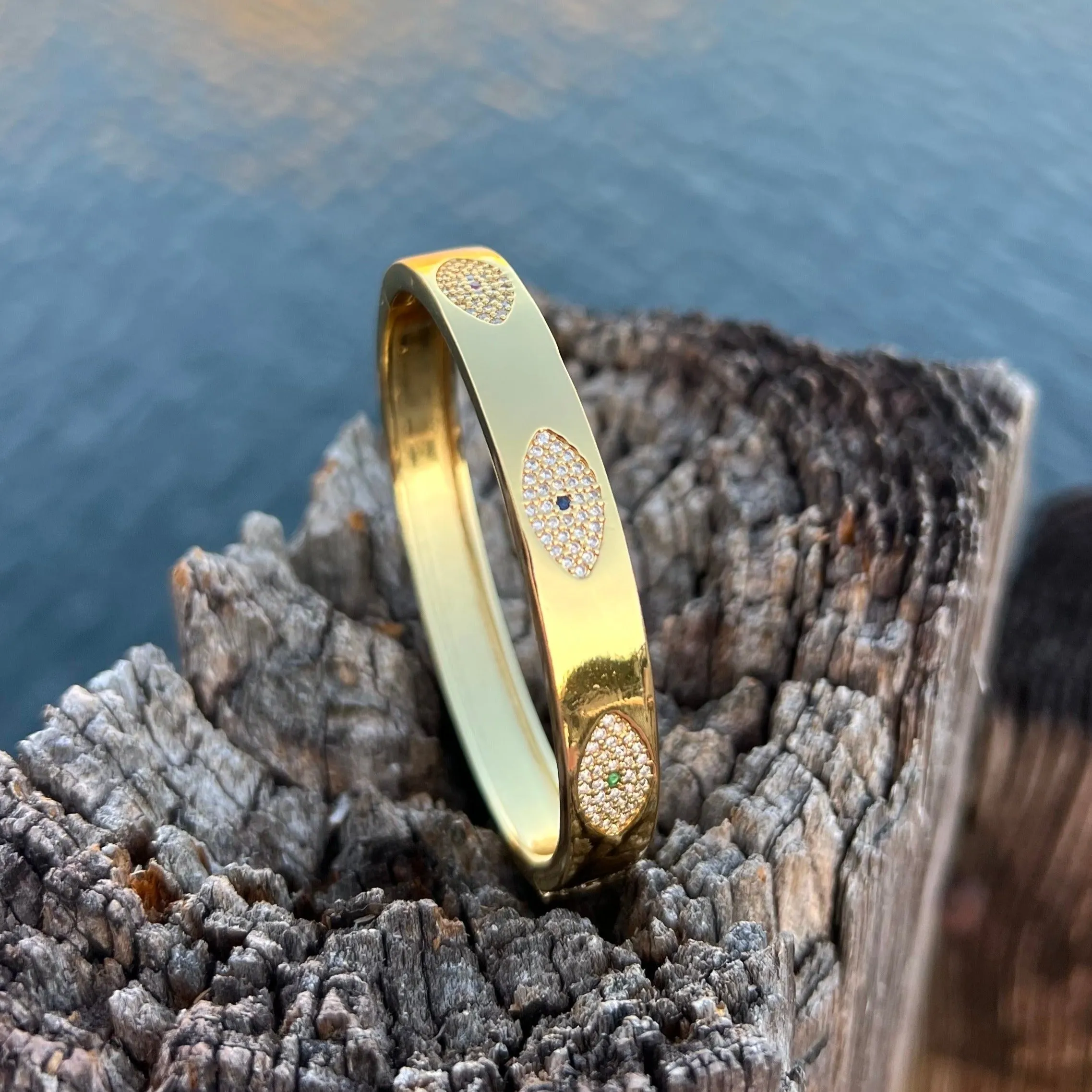 CZ Evil Eye Bangle Bracelet - Gold