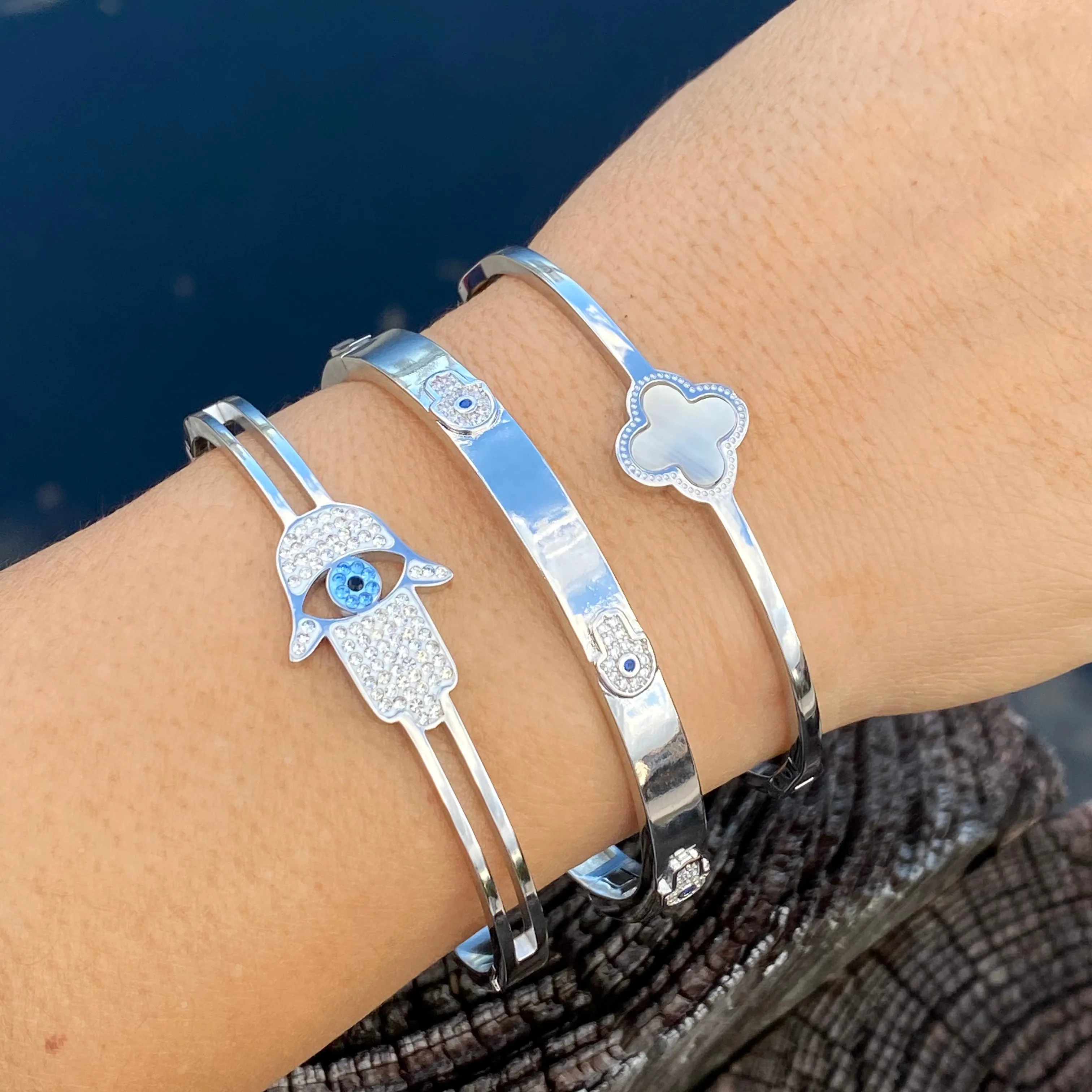 CZ Hamsa - Evil Eye Bangle Bracelet - Gold and Silver