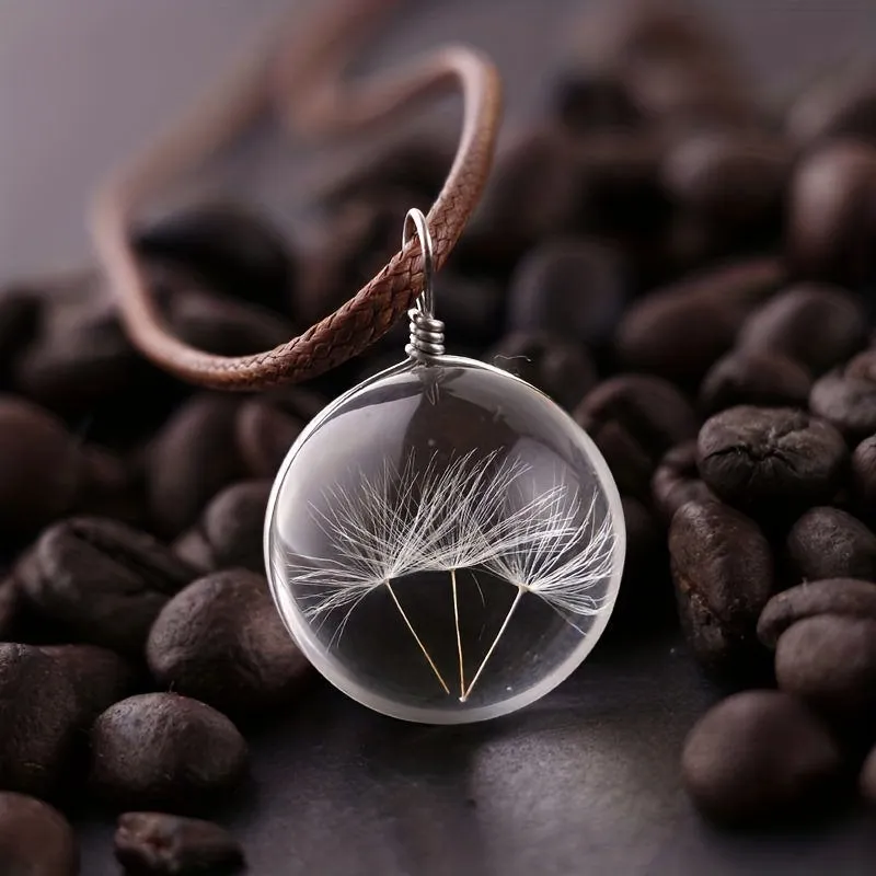 Dandelion Dried Flower Necklace Glass Ball Pendant