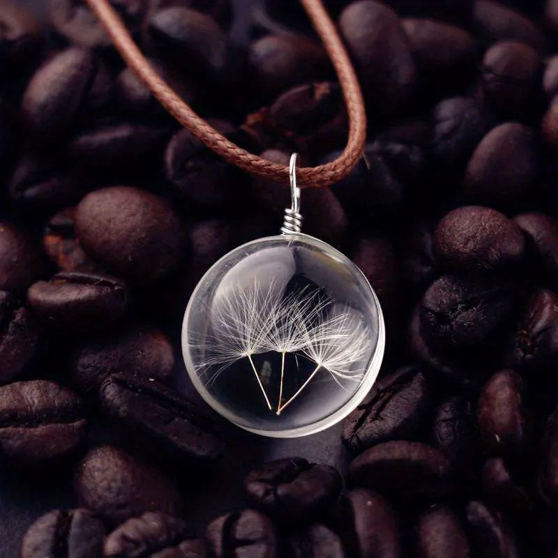 Dandelion Dried Flower Necklace Glass Ball Pendant