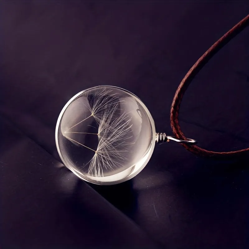 Dandelion Dried Flower Necklace Glass Ball Pendant