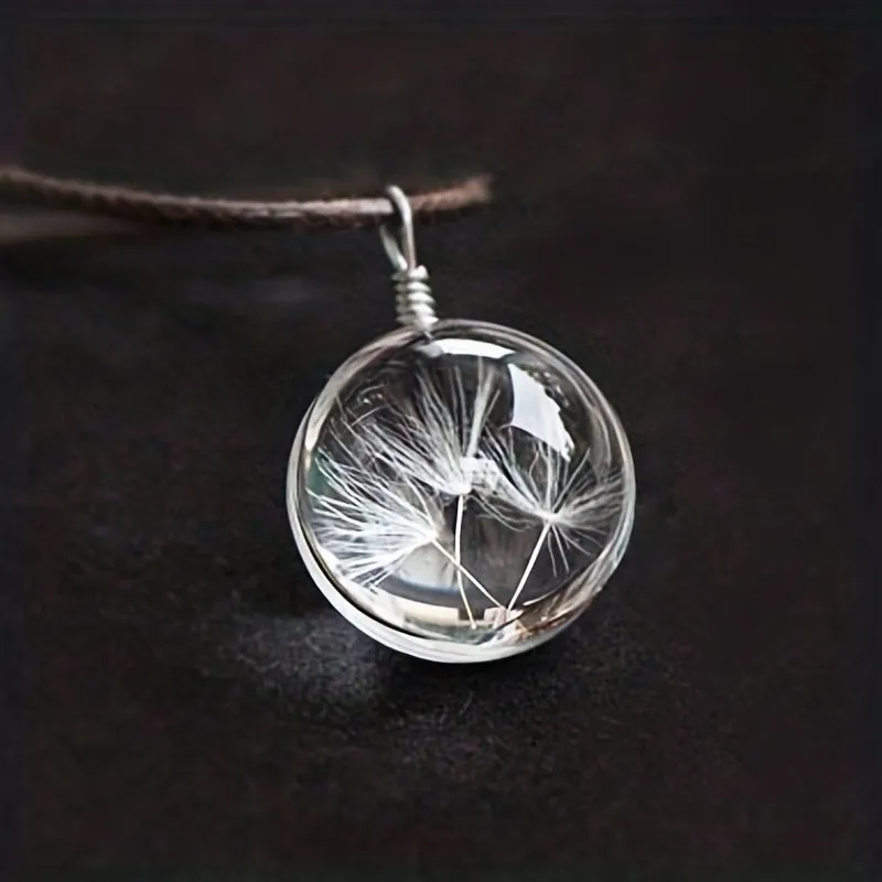 Dandelion Dried Flower Necklace Glass Ball Pendant