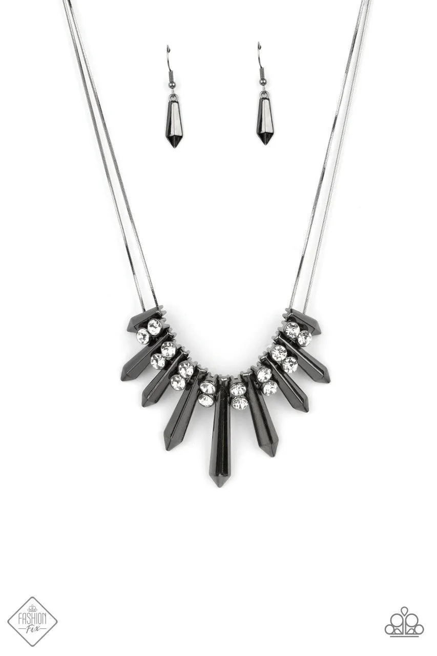 Dangerous Dazzle - Black - White Rhinestone Gunmetal Rod Paparazzi Short Necklace - May 2021 Magnificent Musings