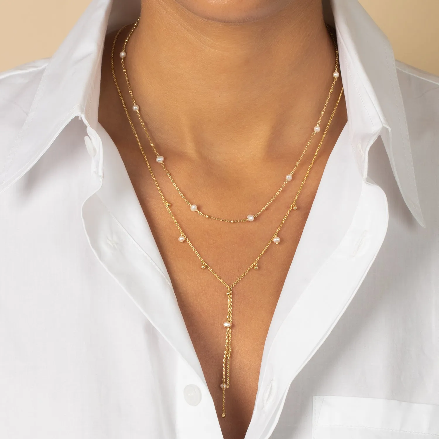 Dangling Solid Ball X Pearl Lariat Necklace