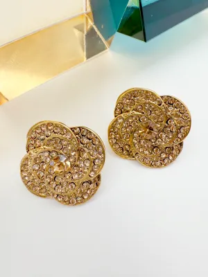 Dazzling Floral Swirl Stud Earrings – Gold & Crystal Design