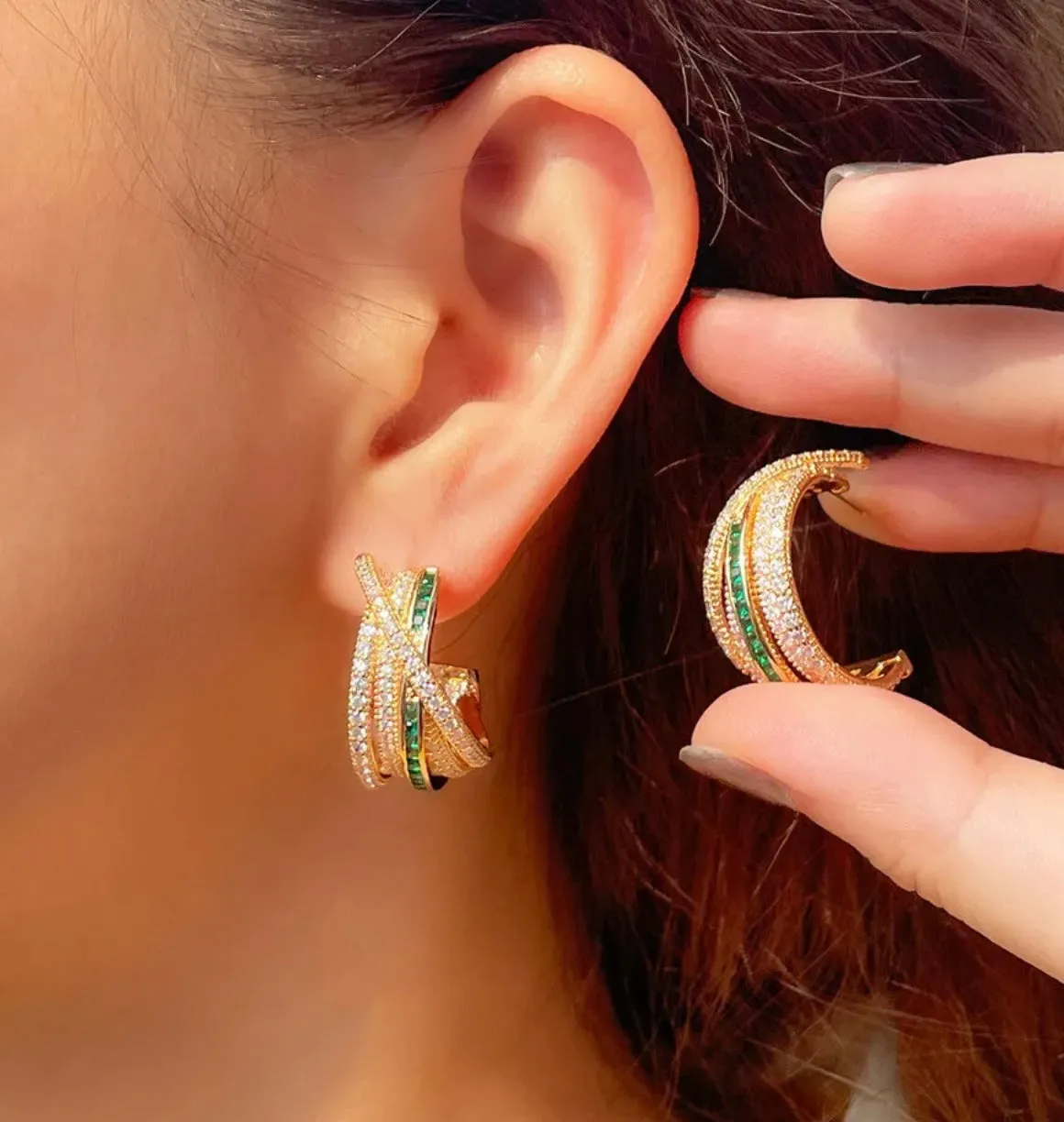 Dazzling Twisted Green & White Zirconia Pave Open Hoops 1.02”
