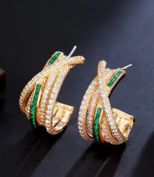 Dazzling Twisted Green & White Zirconia Pave Open Hoops 1.02”