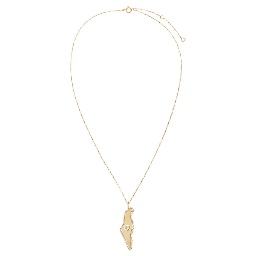 Diamond Pave Outlined Map Of Israel Necklace 14K