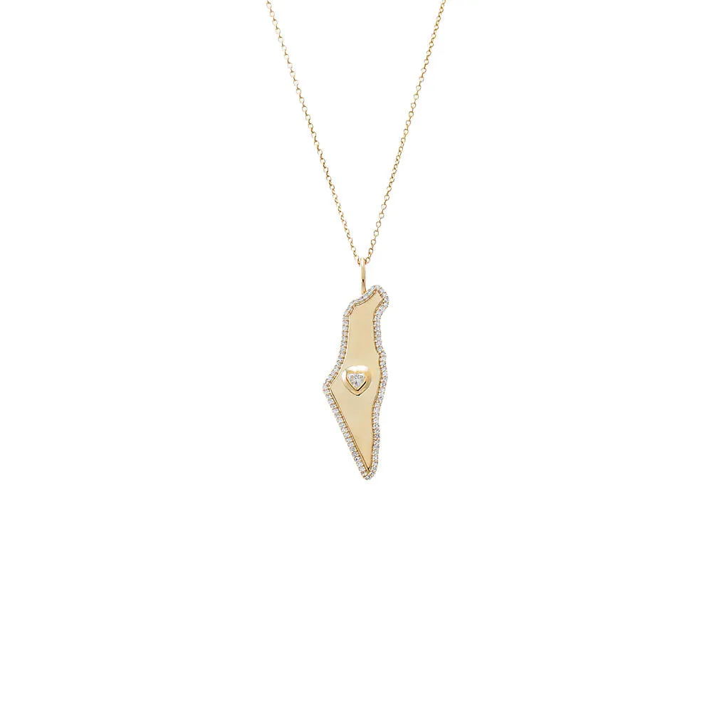 Diamond Pave Outlined Map Of Israel Necklace 14K