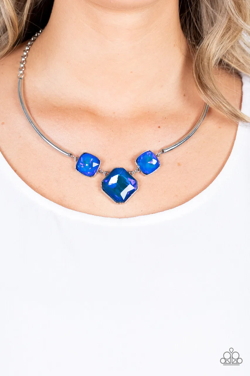Divine IRIDESCENCE - Blue - Oversized Radiant Cut Paparazzi Short Necklace - October 2021 Life of the Party Exclusive