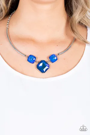 Divine IRIDESCENCE - Blue - Oversized Radiant Cut Paparazzi Short Necklace - October 2021 Life of the Party Exclusive