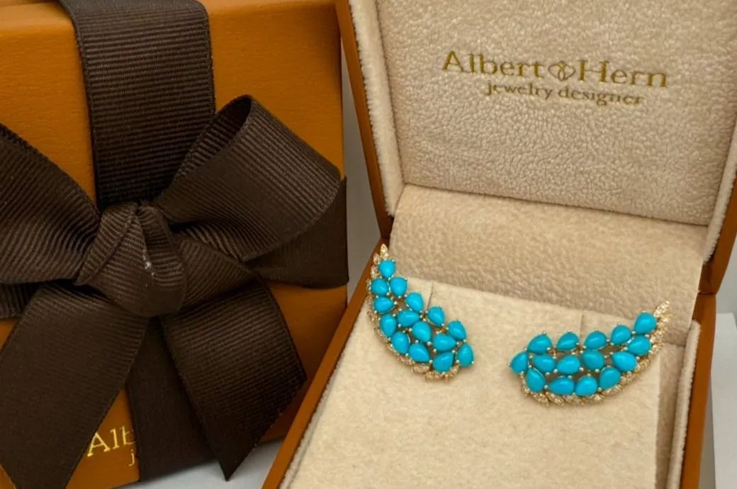 Earrings Wings 14kt Yellow Gold Diamonds and Turquoise