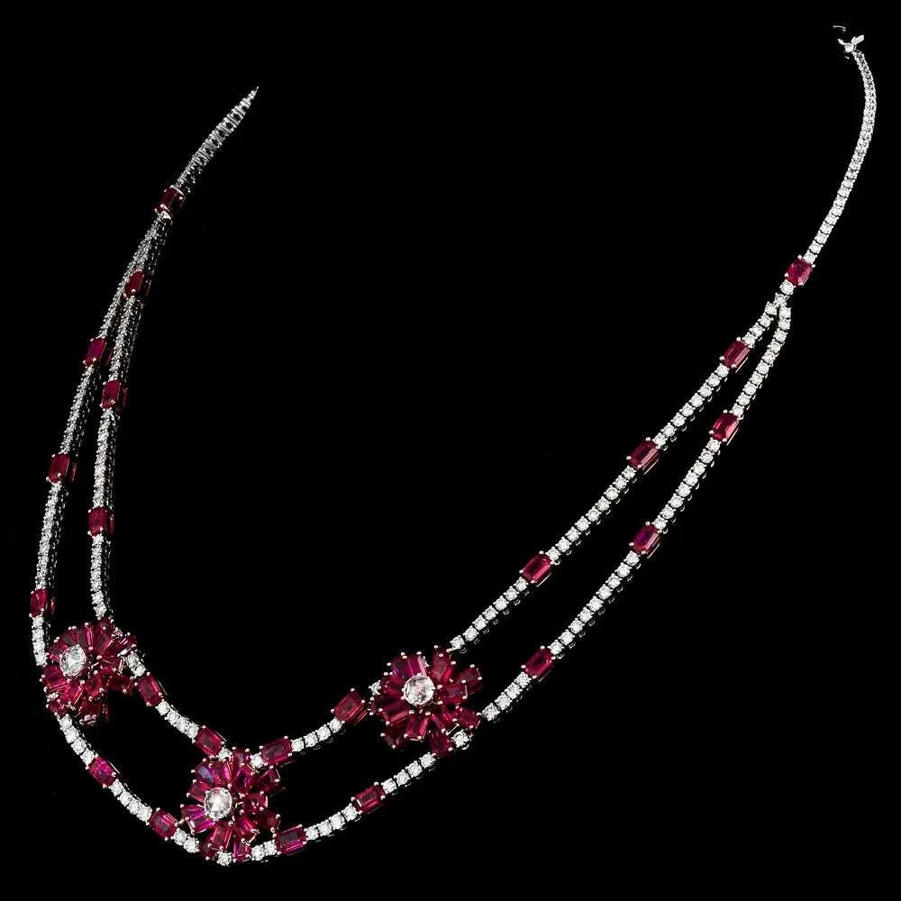 Elegant ruby and diamond necklace and earring set, featuring dazzling diamond rounds and rose-cut diamonds. - PGDNE0137