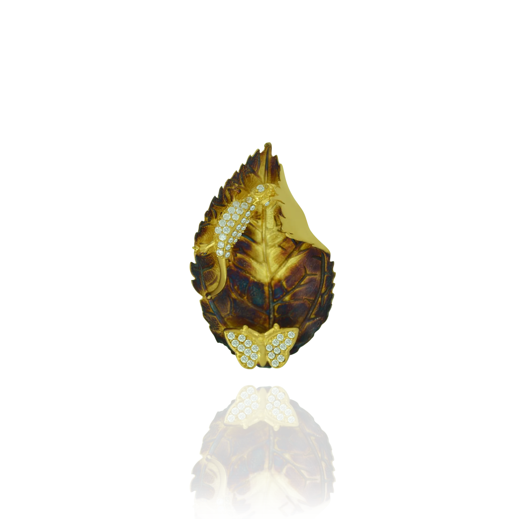 Ember Coral Imprinted leaf with Sparkling lizard and butterfly Ring