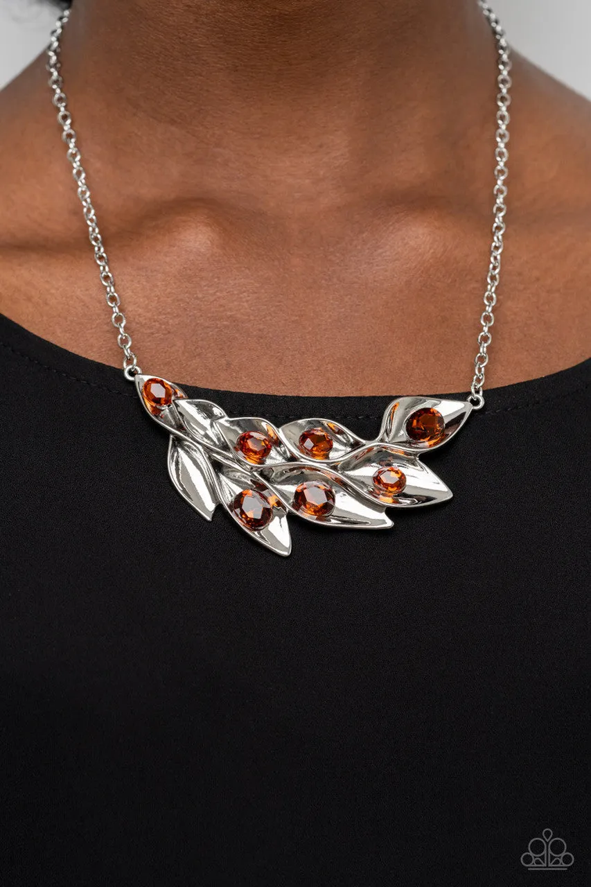Enviable Elegance - Brown - Rhinestone Center Leaf Paparazzi Short Statement Necklace
