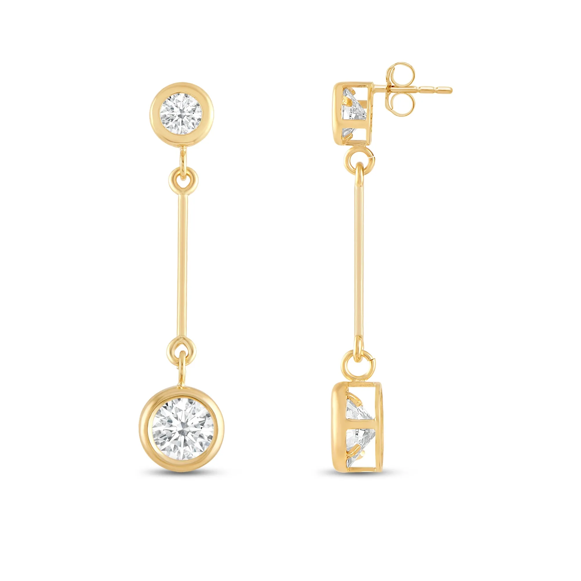 Everyday Elegance 14K Yellow Gold Bar Stud Earrings | Round Cubic Zirconia Stud 0.25 CT (4mm) & 1CT (6mm) | With Gift Box
