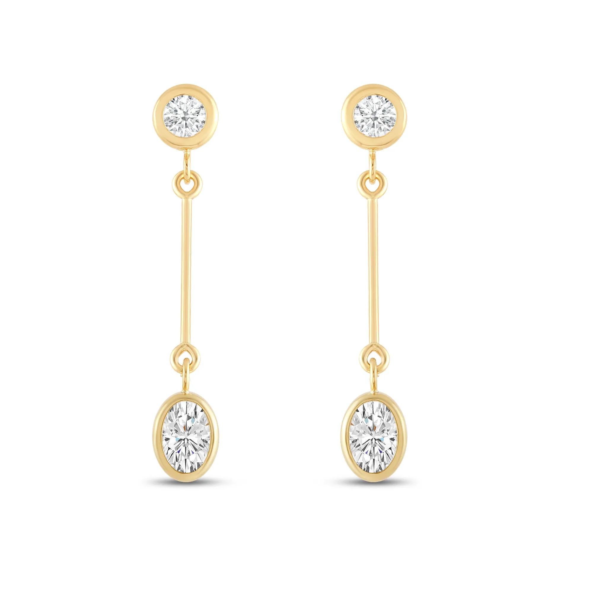 Everyday Elegance 14K Yellow Gold Bar Stud Earrings | Round Cubic Zirconia Stud 0.25 CT (4mm) & Oval CZ drop 1CT (7mm) | With Gift Box