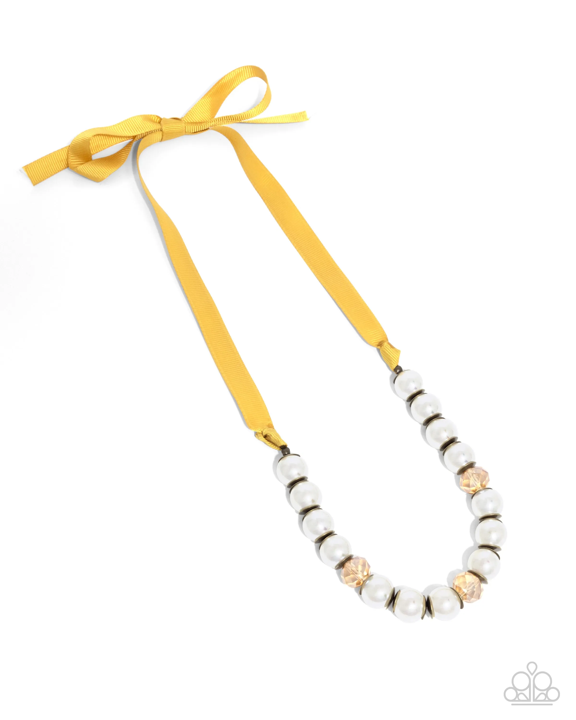 Exclusive Ease - Yellow - Ribbon with Iridescent White Pearl and Bead Bead Paparazzi Short Necklace