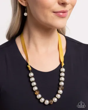 Exclusive Ease - Yellow - Ribbon with Iridescent White Pearl and Bead Bead Paparazzi Short Necklace