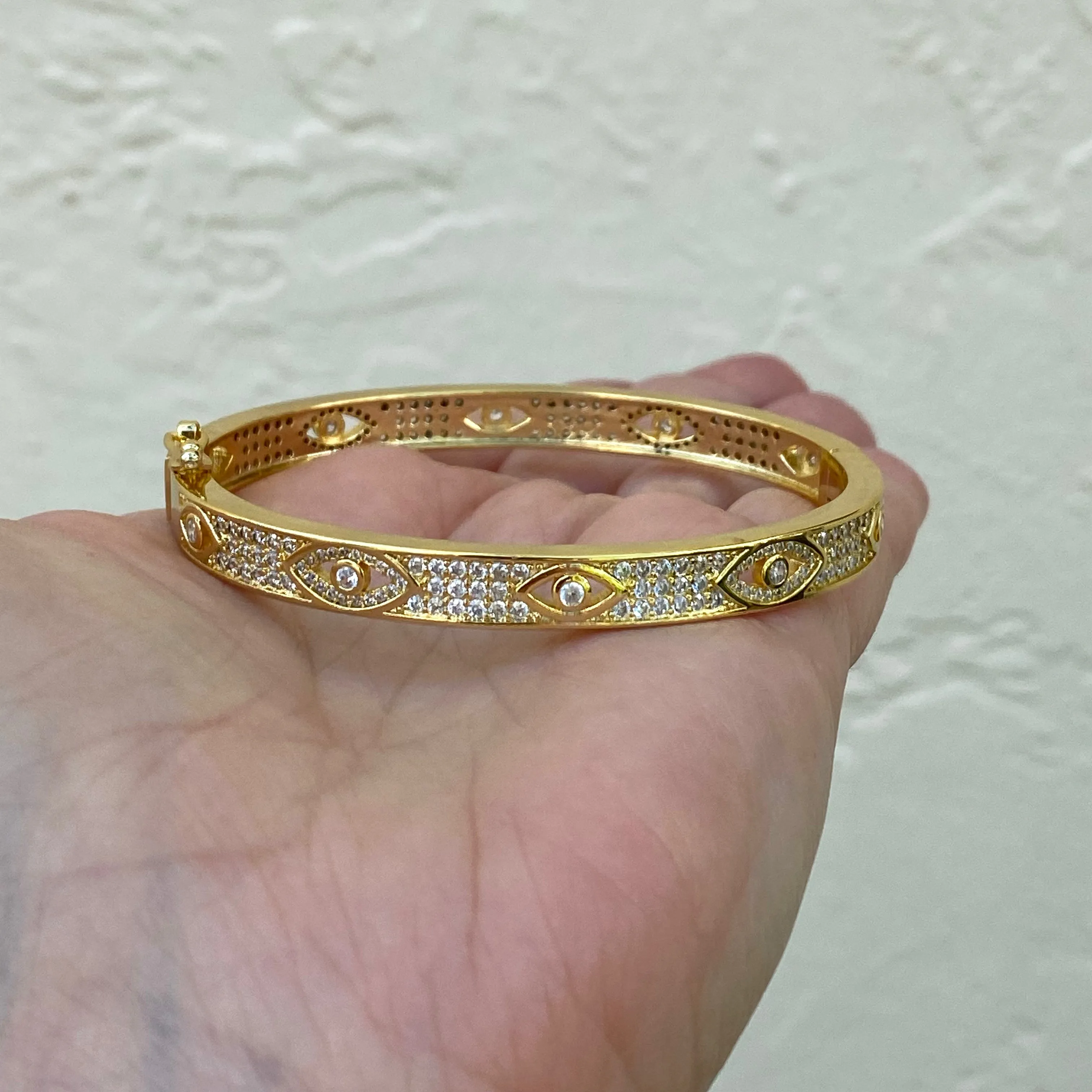 Fancy Pave CZ Evil Eye Bangle Bracelet - Gold and Silver