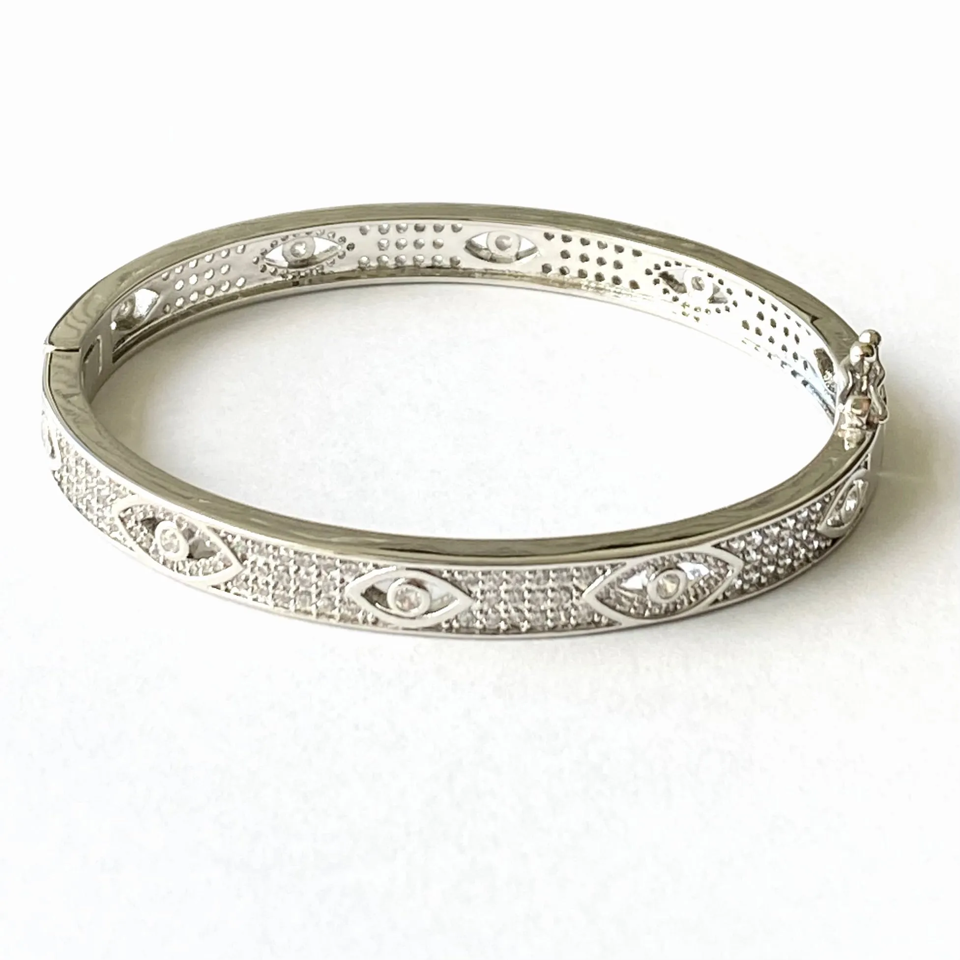 Fancy Pave CZ Evil Eye Bangle Bracelet - Gold and Silver