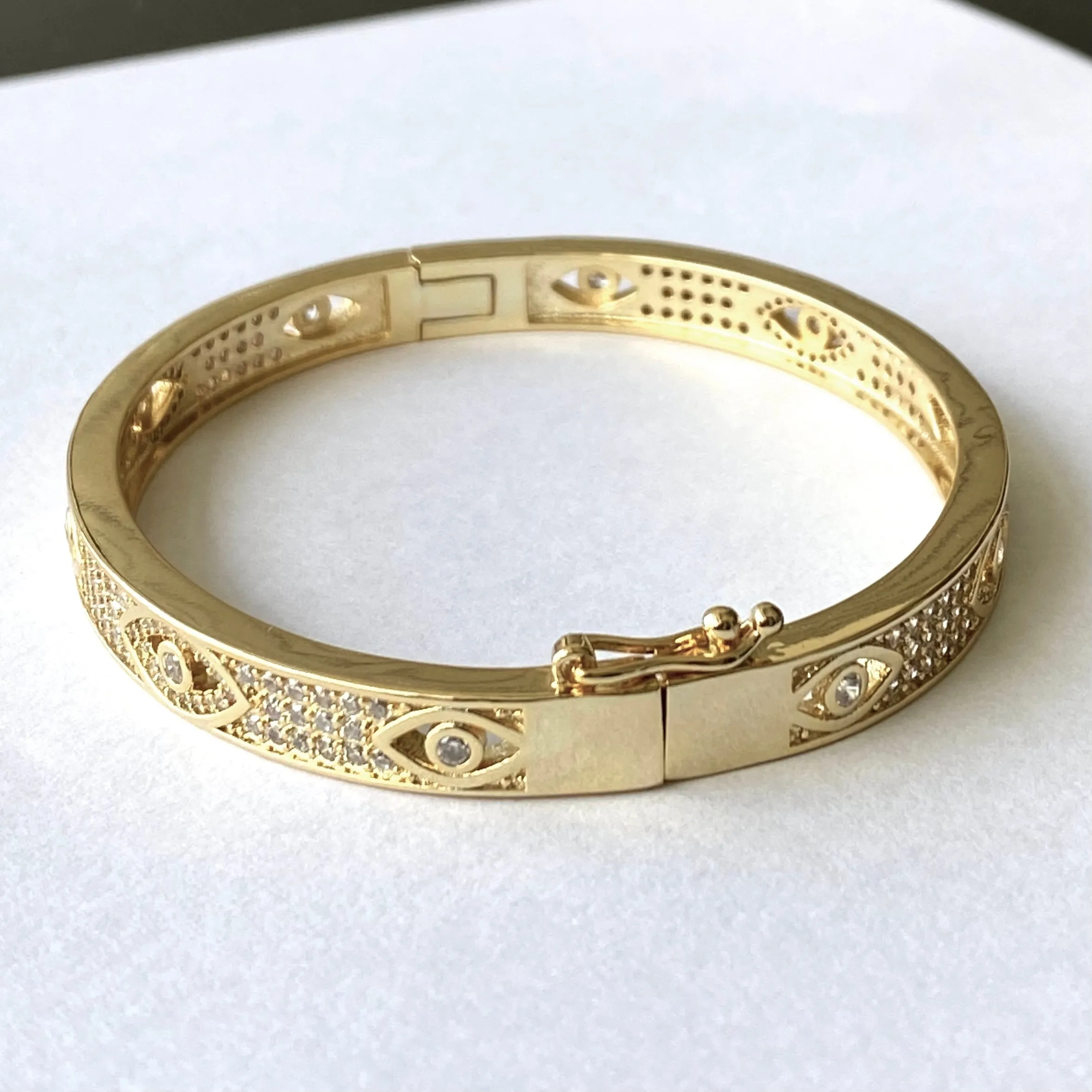 Fancy Pave CZ Evil Eye Bangle Bracelet - Gold and Silver