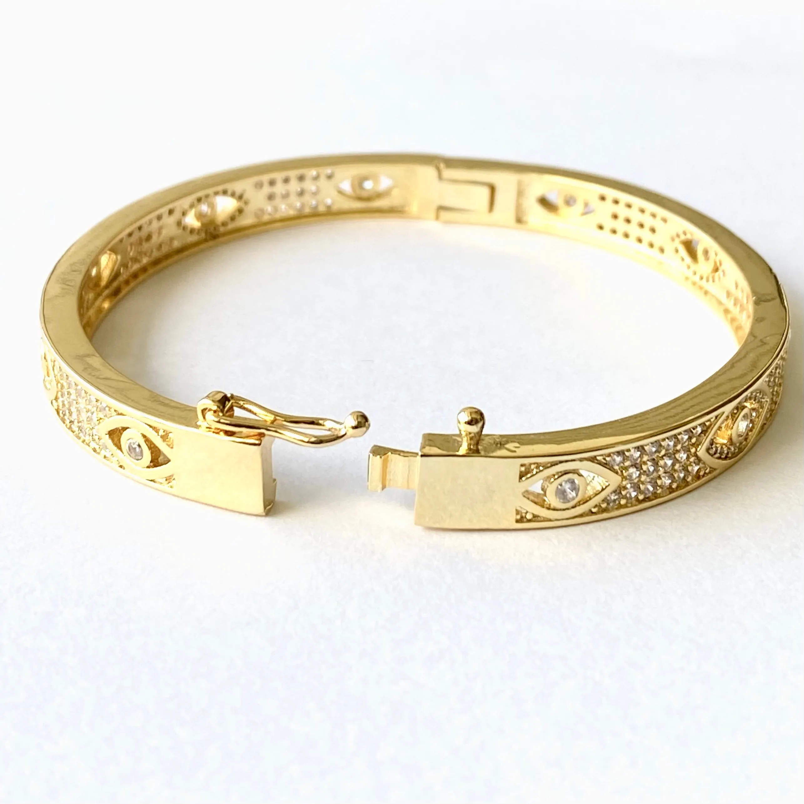 Fancy Pave CZ Evil Eye Bangle Bracelet - Gold and Silver