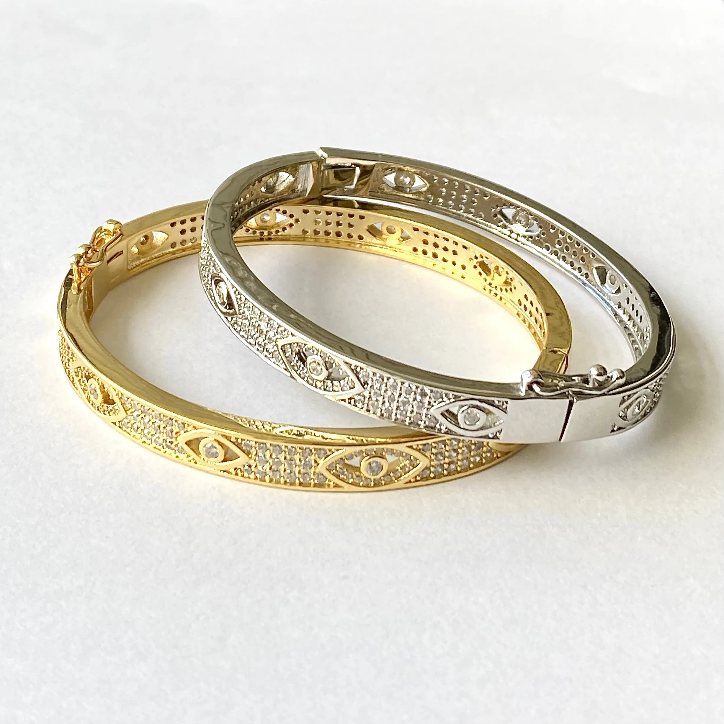 Fancy Pave CZ Evil Eye Bangle Bracelet - Gold and Silver