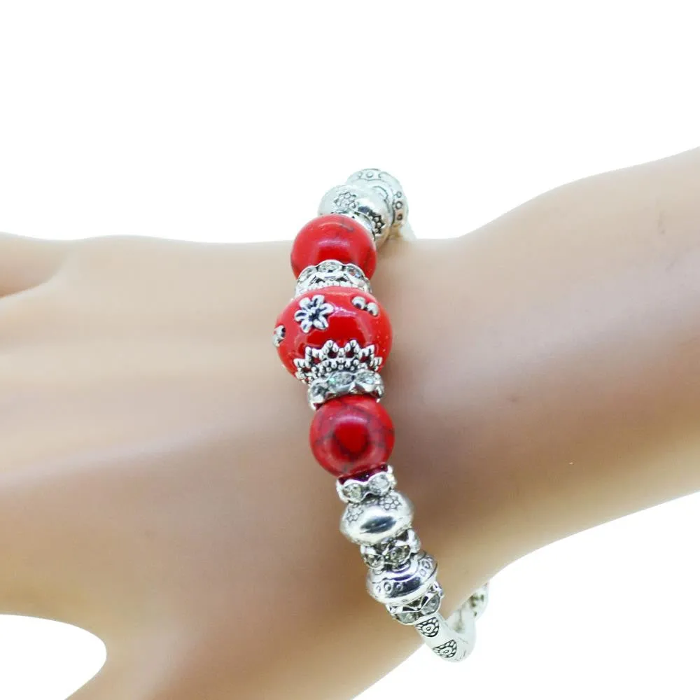 Fashion serling silver jewelry love heart charm bangles & bracelets glass beads strand bracelets for women fine jewelry