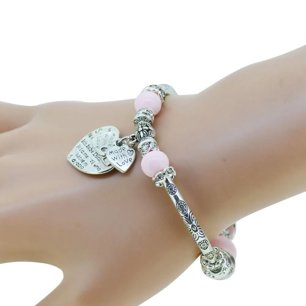 Fashion serling silver jewelry love heart charm bangles & bracelets glass beads strand bracelets for women fine jewelry