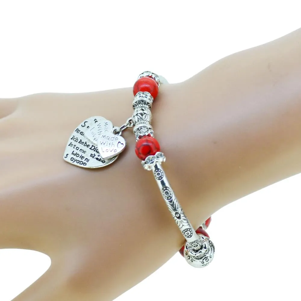 Fashion serling silver jewelry love heart charm bangles & bracelets glass beads strand bracelets for women fine jewelry