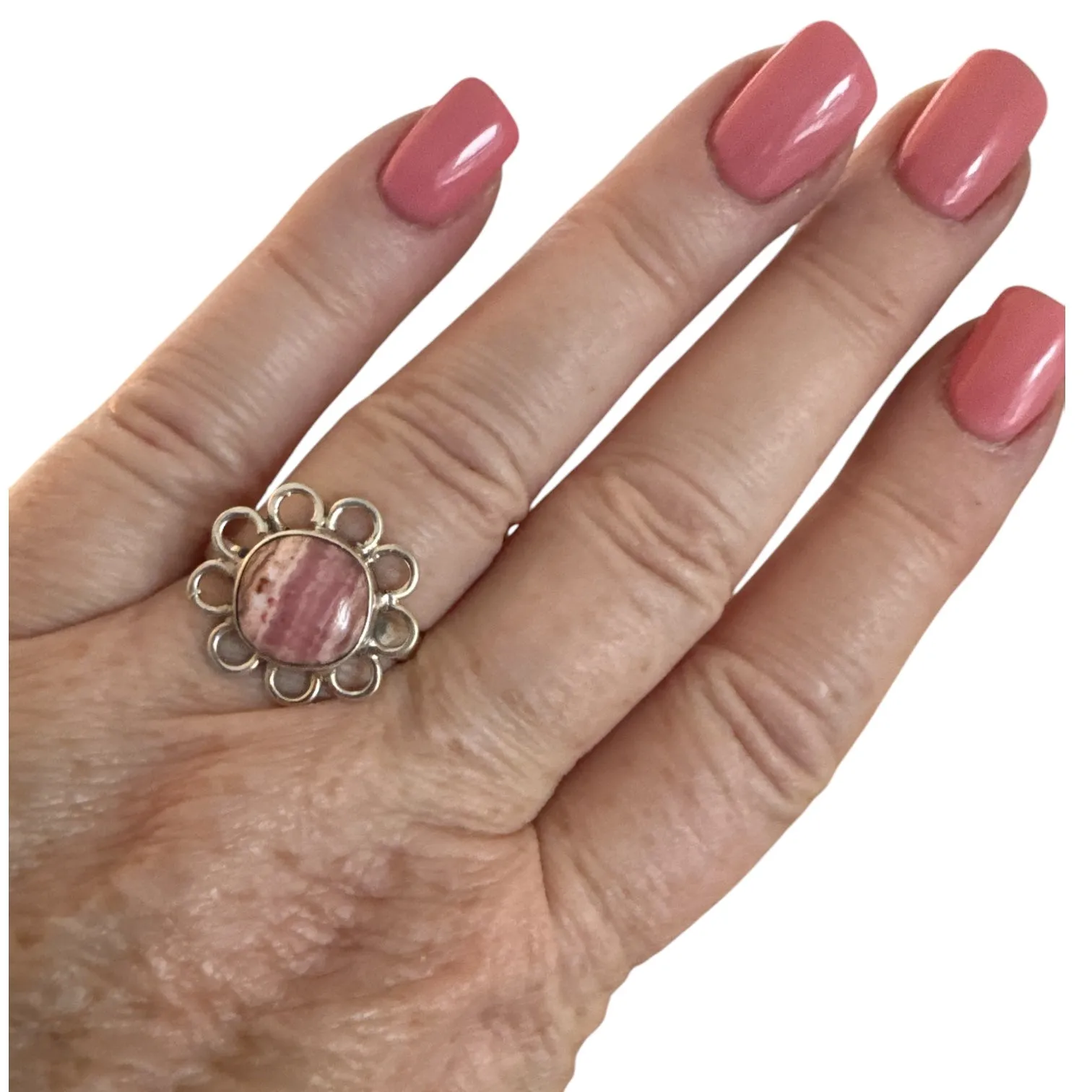 FLOWER Rhodochrosite Solid 925 Sterling Silver Ring 8