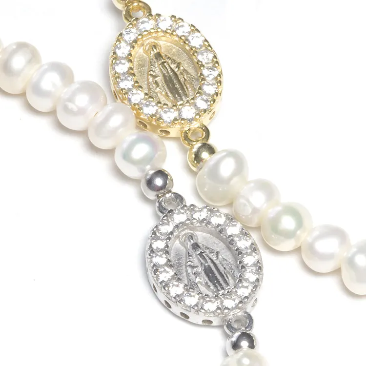 Freshwater Pearl Stretch Bracelet With Religious CZ Charm - Gold or Silver