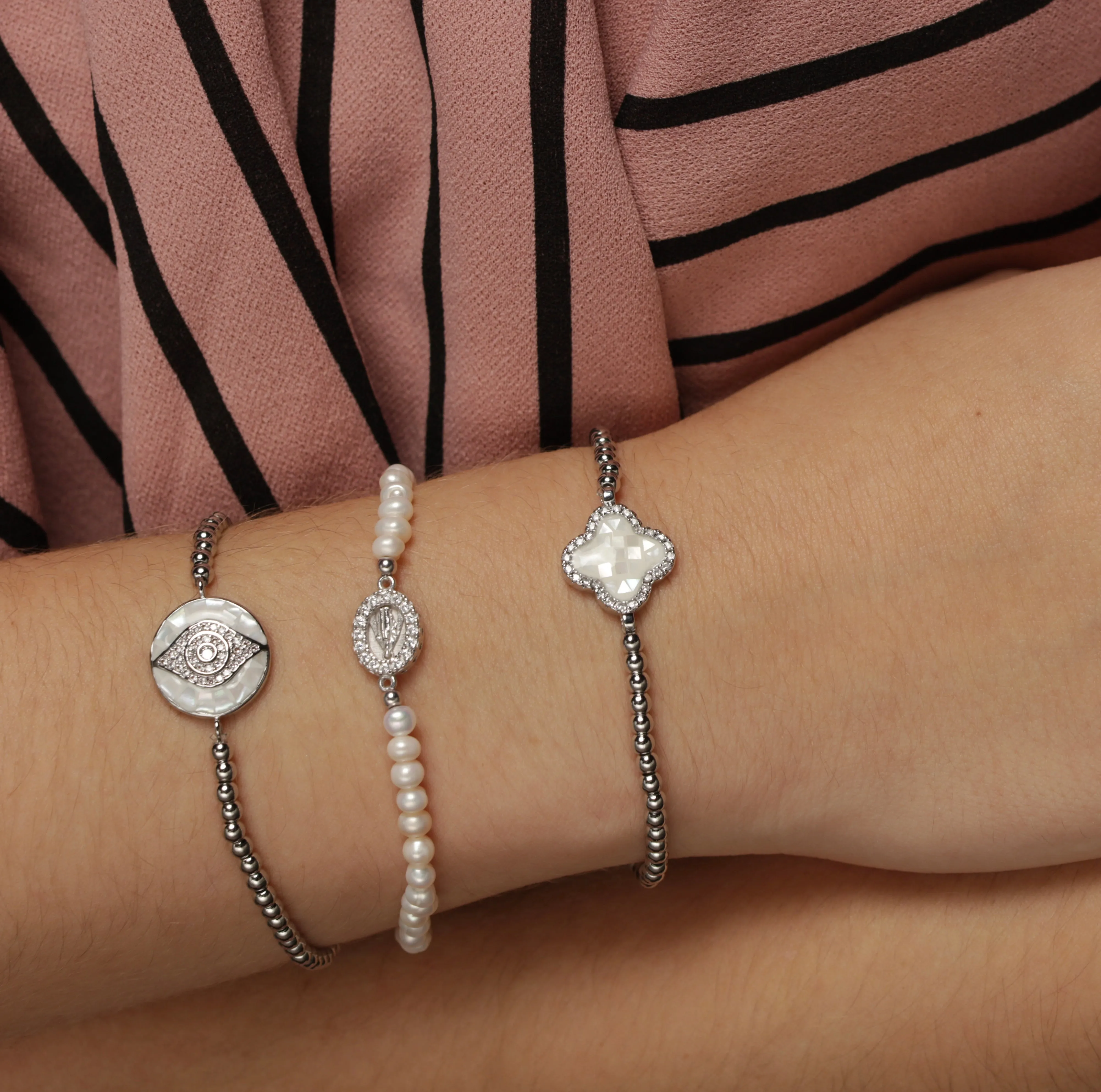 Freshwater Pearl Stretch Bracelet With Religious CZ Charm - Gold or Silver