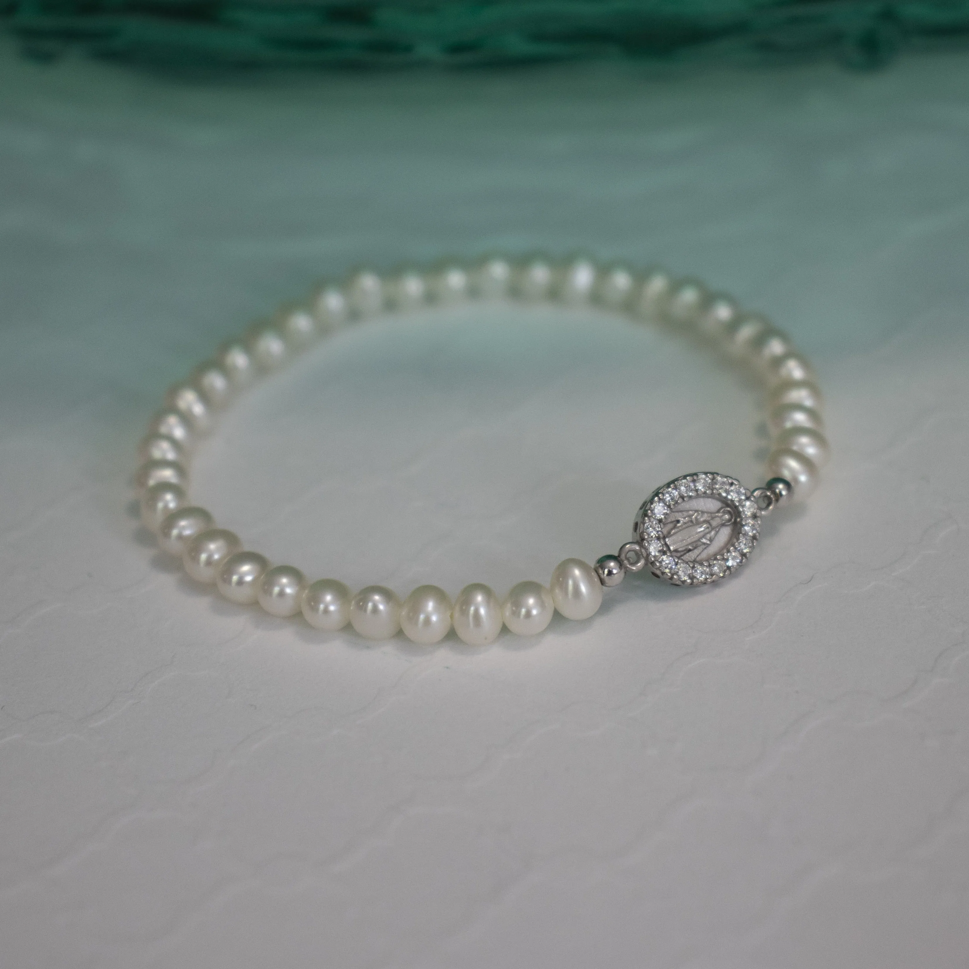 Freshwater Pearl Stretch Bracelet With Religious CZ Charm - Gold or Silver