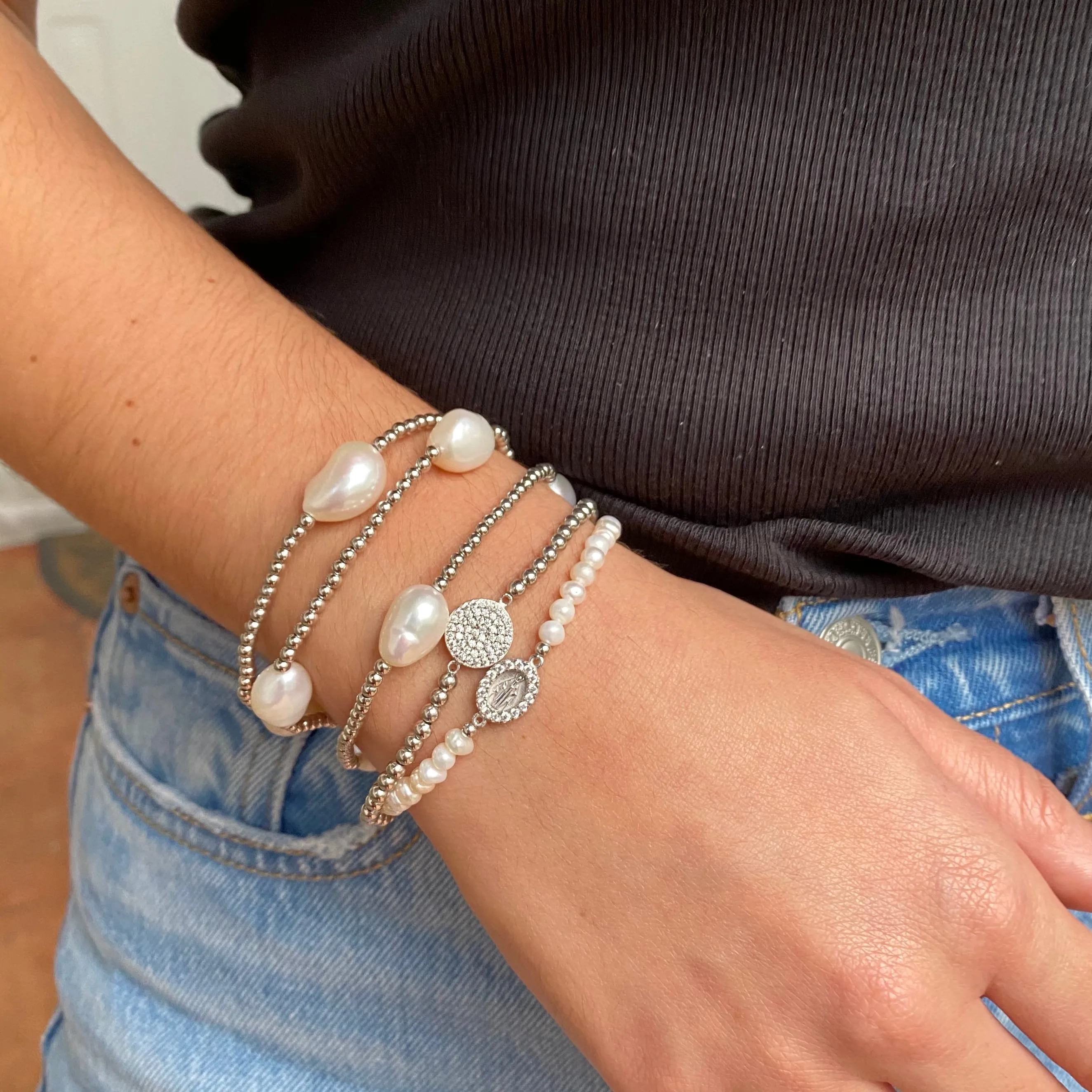 Freshwater Pearl Stretch Bracelet With Religious CZ Charm - Gold or Silver