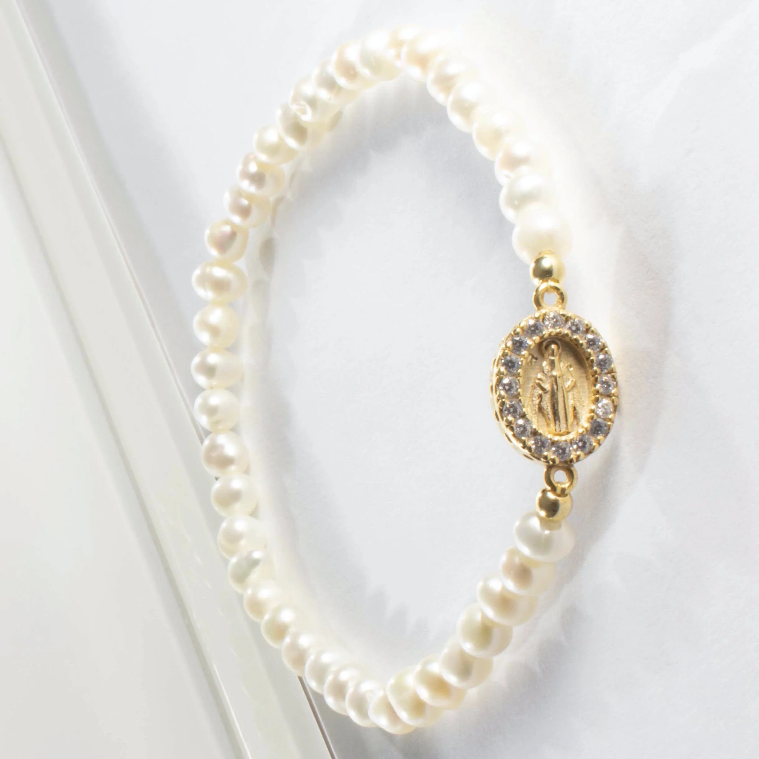 Freshwater Pearl Stretch Bracelet With Religious CZ Charm - Gold or Silver