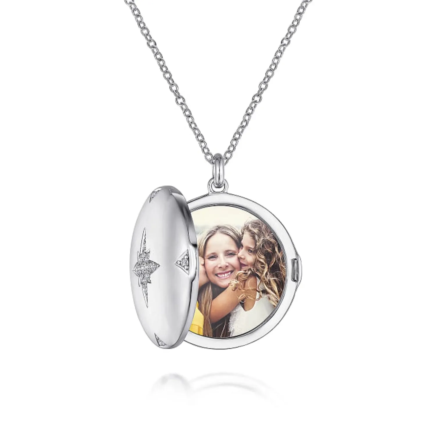 Gabriel & Co. Sterling Silver Round White Sapphire Starburst Locket