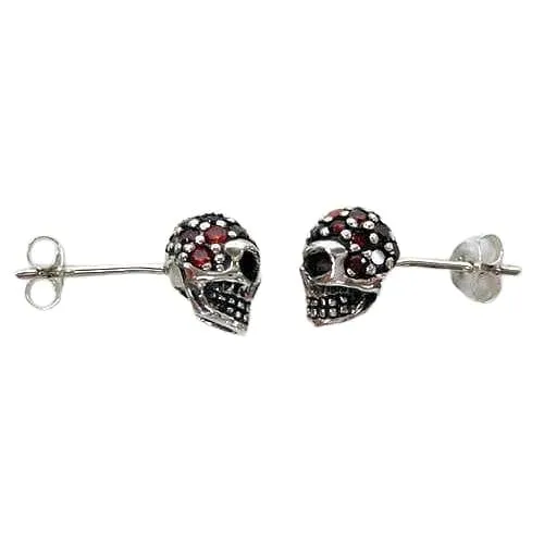Garnet Head Sterling Silver Skull Stud Earrings